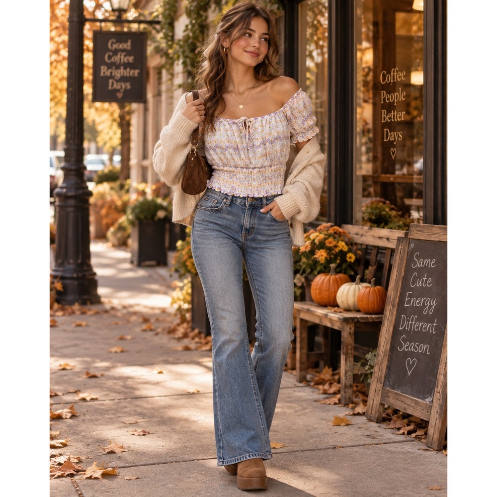 Women's M Floral Smocked Crop Top Puff Sleeve Coquette Cottagecore Y2K Boho